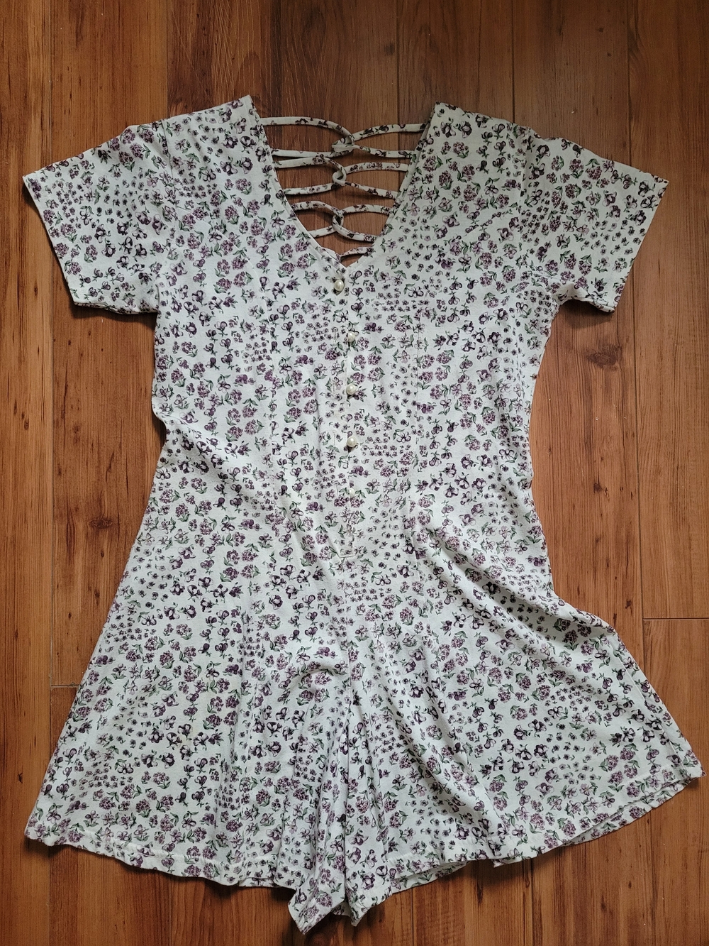 Floral Lace-Back Romper in Cream with Purple Flowers